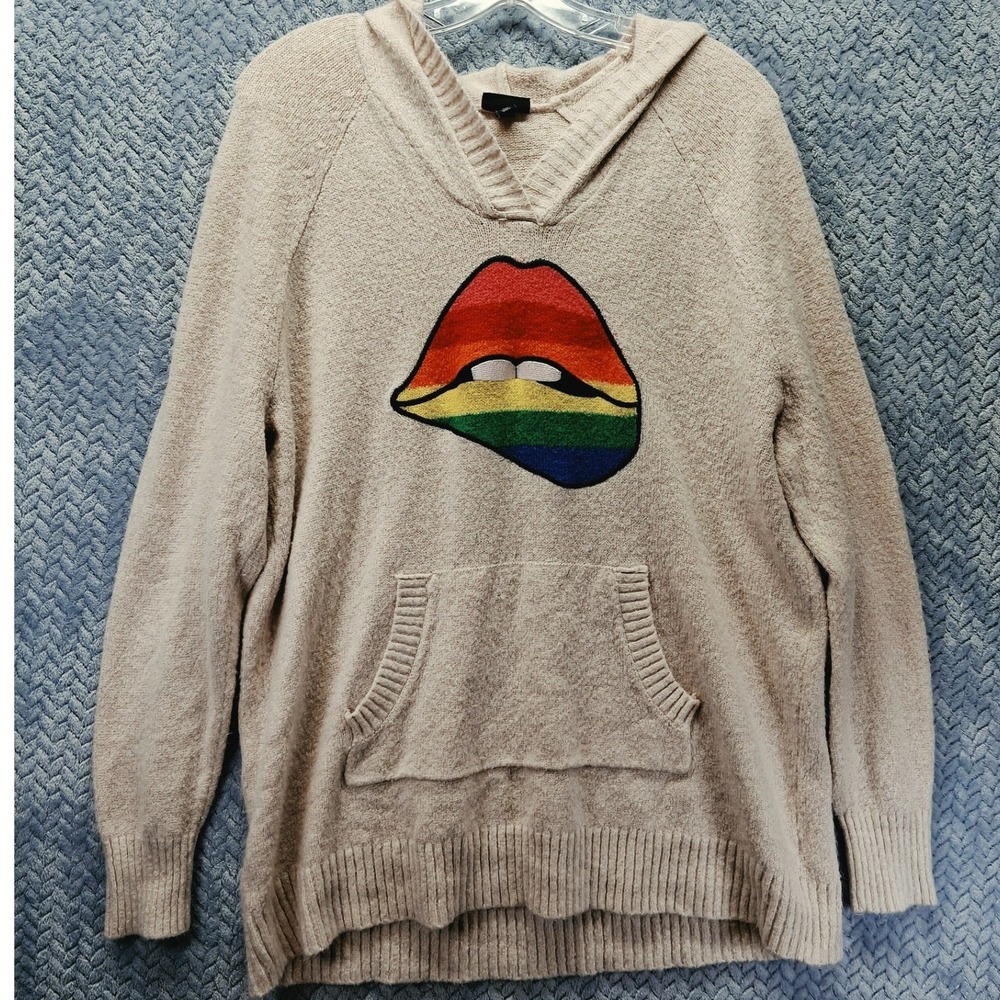 Torrid Oatmeal Beige Rainbow Lip Patch Knit Hoodie Sweater Size 00 Large